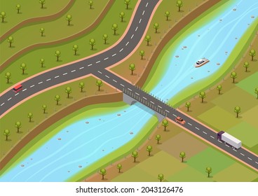 entorno isométrico con ríos y carreteras con árboles y vehículos