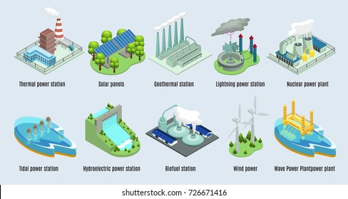 Isometric environmental eco plants set with factories and stations which using alternative energy sources isolated vector illustration