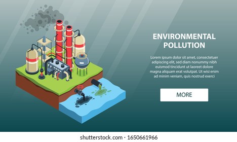 Isometric environmental pollution horizontal banner with image of toxic factory river and text with more button vector illustration