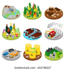 Isometric Environmental Pollution Set. Chemical Waste. Dirty Water. Industrial Building. Vector flat 3d illustration