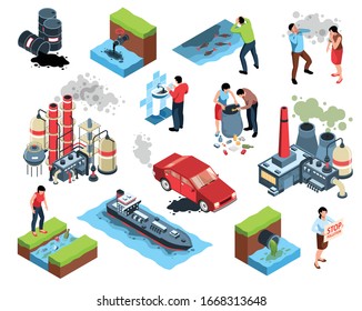 Isometric environmental pollution water ecology set with isolated icons images of waste bins plants and people vector illustration