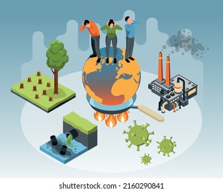 El concepto de problemas ambientales isométricos con el planeta se ve afectado por el calentamiento del planeta y la contaminación como ilustración vectorial