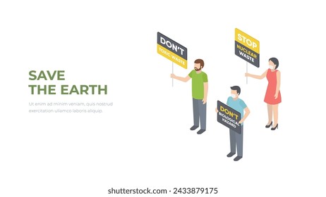 Isometric environmental protest. An action to protect the environment. Picket of eco activists vector illustration. Save the Earth.