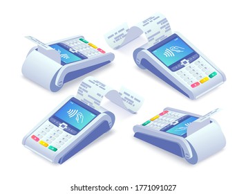 Isometric E-payments POS terminal with receipt set. 3d Wireless NFC payment terminal with check, shadow on white. Cashless payments, online shopping concept. Vector illustration for web, app, advert.