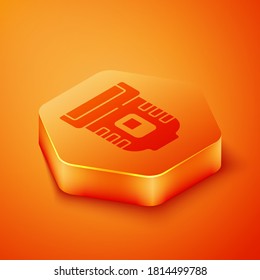 Isometric Epilator icon isolated on orange background. Depilation by electric razor. Hair removal on the body. Orange hexagon button. Vector