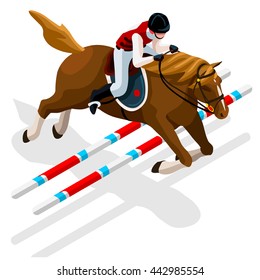 Isometric Equestrian Jumping Athletes Sportswoman Games. 3D Isometric Athlete. Sporting People Set Competition Sport Infographic Equestrian Jumping Isolated Horse events sport Vector Illustration 3D