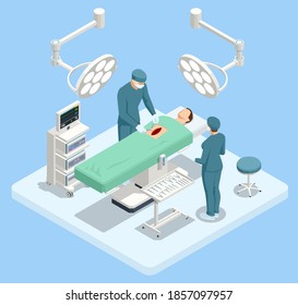 Isometric Equipment and Medical Devices in Modern Operating Room. Medical Team Performing Surgical Operation in Modern Operating Room