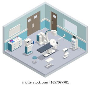 Equipo isométrico y dispositivos médicos en la sala de operaciones moderna. Dispositivos médicos para la neurocirugía. Ilustración vectorial aislada en un fondo blanco.