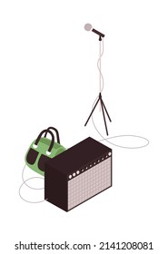 Isometric equipment for street concert with microphone and amplifier 3d vector illustration