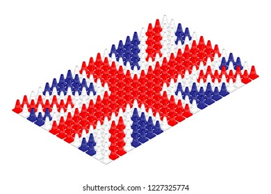 Isometric equipment traffic cone in row, United Kingdom national flag shape concept design illustration isolated on white background, Editable stroke