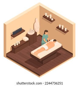 isometric equipped massage room with masseur and client vector illustration