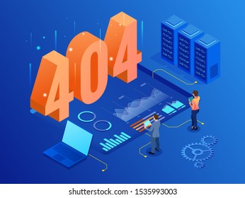 Isometric error 404 page layout vector design. The page you requested could not be found. Website 404 page creative concept. Website under construction page.