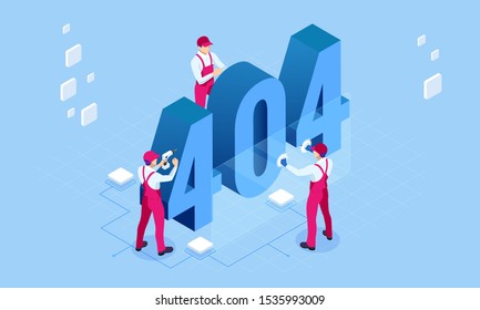 Isometric error 404 page layout vector design. The page you requested could not be found. Website 404 page creative concept. Website under construction page.