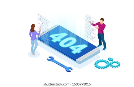 Isometric error 404 page layout vector design. The page you requested could not be found. Website 404 page creative concept. Website under construction page.