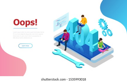 Isometric error 404 page layout vector design. The page you requested could not be found. Website 404 page creative concept. Website under construction page.