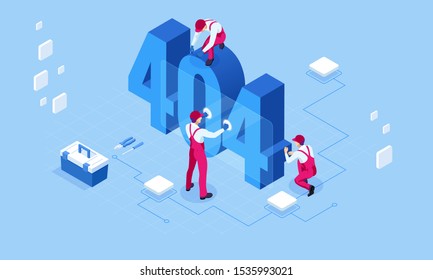 Isometric error 404 page layout vector design. The page you requested could not be found. Website 404 page creative concept. Website under construction page.