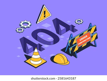 Isometric error 404 poster. Construction barrier, road cone and hardhat. Technical error in website code. Broken link and incorrect page address. Isometric vector illustration