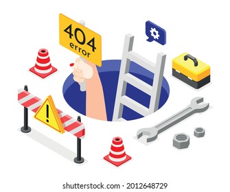 Isometric error background hand reaches out from the hole with the sign of error four hundred and four vector illustration