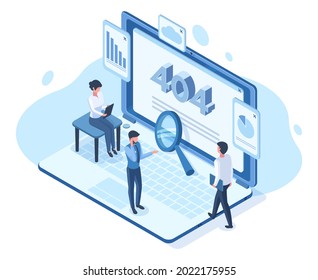 Isometric error lost 404 page network user people concept. Lost network website page, error not available webpage vector illustration. Not found 404 internet page. Workers fixing problem