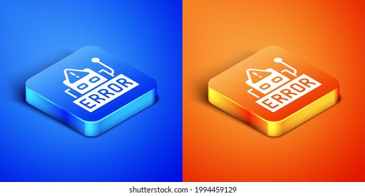 Isometric Error in the operation program of the robot icon isolated on blue and orange background. A broken chip of a robot. Square button. Vector