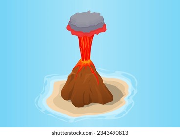 Isometric erupting volcano on island