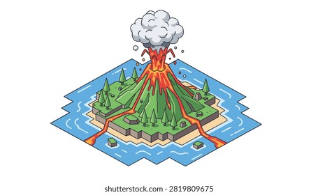 Isometric erupting volcano on a small green island in the blue ocean with lava flowing into the water and smoke rising.