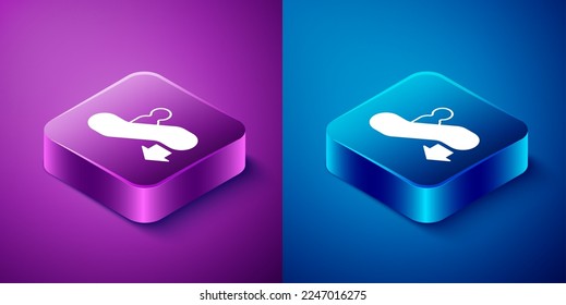 Isometric Escalator down icon isolated on blue and purple background. Square button. Vector