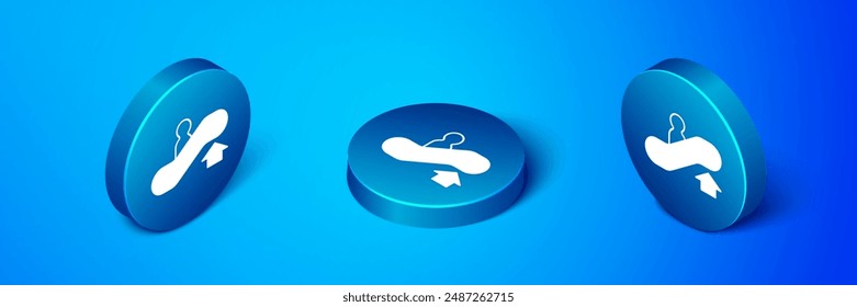 Isometric Escalator up icon isolated on blue background. Blue circle button. Vector