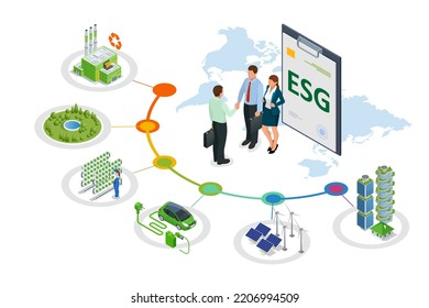 Isometric ESG concept of Environmental, Social and Governance. ESG, green energy, Electromobile charging stations and sustainable industry with windmills and solar energy panels.