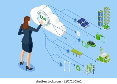 Concepto isométrico de ESG de medio ambiente, social y gobernanza. Cartel de Info que recuerda la participación de esta empresa en la resolución de problemas ambientales, sociales y de gestión.