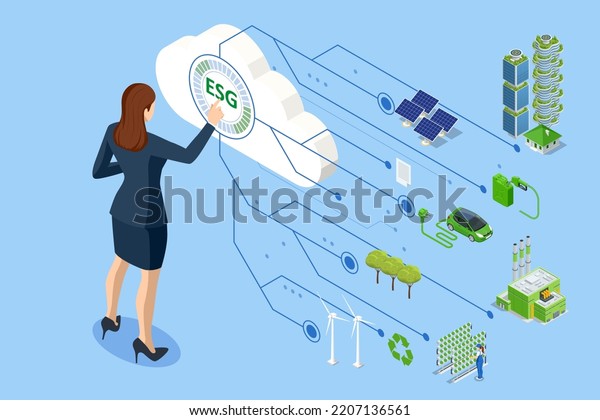 Isometric\
ESG concept of Environmental, Social and Governance. Info banner\
calling to remember the involvement of this company in solving\
environmental, social and management\
problems.