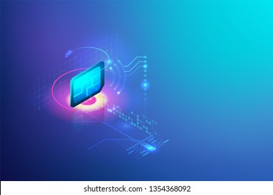 Isometric eSIM card chip. online security transaction via Embedded SIM. Mobile communication technology and processor. Digital technology vector illustration