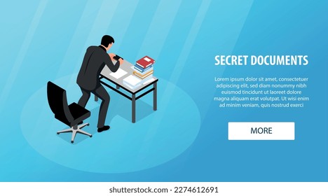 Isometric espionage banner with man taking photo of secret documents vector illustration