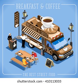 Isometric Espresso Cafe Breakfast Coffee break Food Truck Delivery Master. Street Food Chef Infographic. 3D Flat Isometric Vehicles Food Truck Cafe Infographic Elements Isolated Coffee Vector Poster