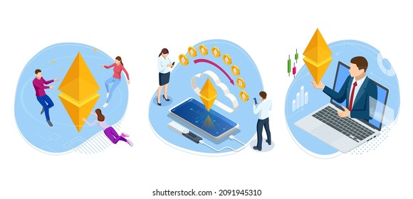 Isometric Ethereum and blockchain banner illustration. Mining and trade Ethereum concept. Cryptocurrency and Blockchain. Farm for mining Ethereum.
