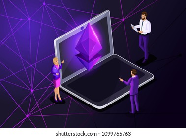 Isometric Ethereum crisis concept with Ether symbol, crypto currency, space, new virtual money, business ladies and businessmen investors
