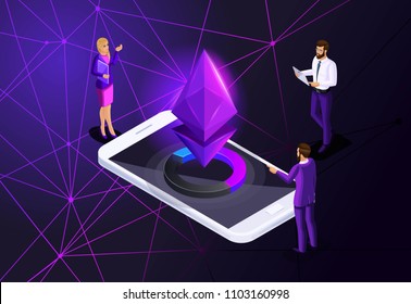 Isometric Ethereum crisis concept with Ether symbol, crypto currency, new virtual money, business ladies and businessmen investors on the smartphone screen
