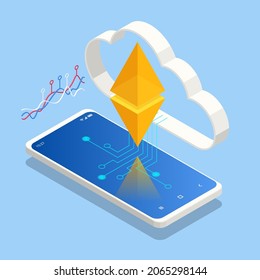 Isometric Ethereum is a decentralized, open-source blockchain with smart contract functionality. Mining and trade Ethereum concept. Ether ETH or is the native cryptocurrency of the platform.