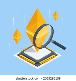 Isometric Ethereum is a decentralized, open-source blockchain with smart contract functionality. Mining and trade Ethereum concept. Ether ETH or is the native cryptocurrency of the platform.