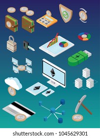 Isometric ethereum and ether crypto currency set.