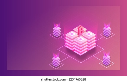 Isometric ethereum and litecoin server connected with bitcoin server on glossy purple background for Data Mining concept.