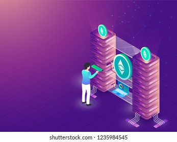 Isometric ethereum servers connected with laptop, man operate the servers for Data Mining concept.
