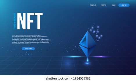 Isometric Etherium icon with glowing neon lights, 3d shapes and motherboard circuit. Website or landing page template. Vector illustration