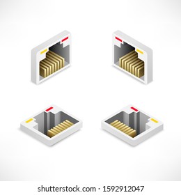 Isometric Ethernet port set isolated on white background. Network socket icon, wireless wi-fi router internet data connector. Vector illustration for web, design, app, infographics