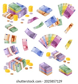 Isometric euro banknotes. Cash money. Various euros bundles and coins. 3D financial awards. European currency collection. Economic profits. Vector finance savings and investments set