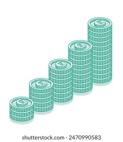 Isometric euro coins stacks. 3d cash. Vector illustration. Outline objects isolated on white background. Icon or symbol. Green color.