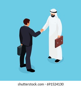 Isometric European and Muslim businessmen shake hands. 3d businessmen came to an agreement and completed the deal with a handshake. Template for banner or infographics. Vector illustration.