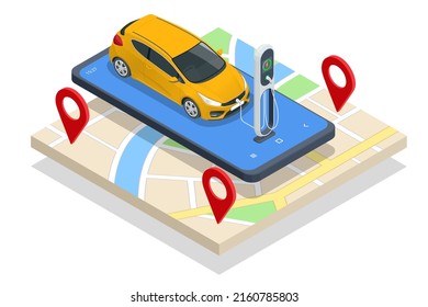 Isometric EV charger station application on mobile. Car charger. Electromobile charging station.