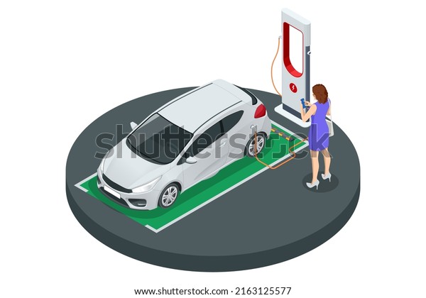 Isometric EV charger\
station application on mobile. Car charger. Electromobile charging\
station.