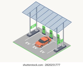 Isometric EV charging station scene with a blue-tinted glass canopy roof on matching support pillars, green charging columns, EV signage, designated car spaces and an orange electric sedan.